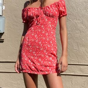 off the shoulder red floral dress